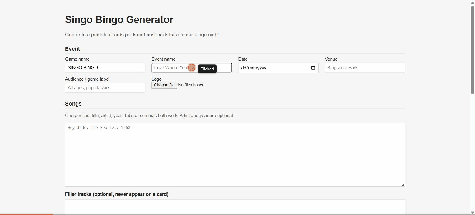 A 15 second demo of the Singo Bingo Generator: filling in the event details, the songs and the filler tracks to make a printable cards pack and host pack for a music bingo night.